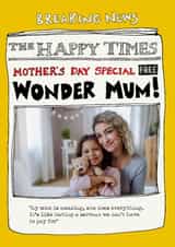 Personalised Mothers Day Photo Card created by Poet and Painter - Funny Mother's Day Card - Newspaper - Wonder Mum