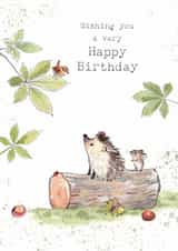 Cute Birthday Card - Hedgehog on log with Mouse created by Paper Shed Design