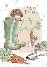 Cute Birthday Card - Hedgehog in Welly boots with Mouse and vegetables created by Paper Shed Design