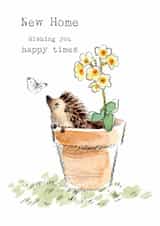 Cute New Home Card - Hedgehog in Primrose Pot Looking at White Butterfly created by Paper Shed Design