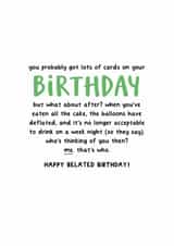 Funny Birthday Card - Belated - What About After? created by Kreate Paper Co.
