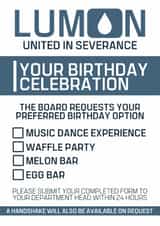 Funny Birthday Card - Severance - Celebration Check List created by Designs By Andy