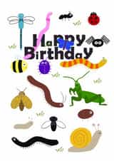 Whimsical birthday card of Creepy Crawlies for young explorers! created by Edel Harrington