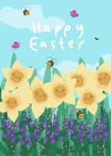 Happy Easter Card, Yellow Spring Daffodil Flowers, Buzzy Bees & Butterflies created by Jo Clark