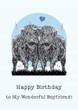 Cute Birthday Card - Wonderful Boyfriend - Highland Cows created by Beth Higgins Art