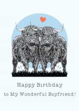 Cute Birthday Card - Wonderful Boyfriend - Highland Cows created by Beth Higgins Art