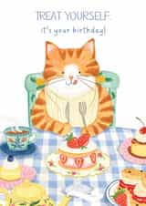 Cute Birthday Card - Cat Eating Cake - Treat Yourself created by Frankie Norman