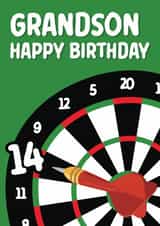 Fun 14th Birthday Card - For Grandson - Darts created by Quinton cards