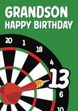 Fun 13th Birthday Card - For Grandson - Darts created by Quinton cards