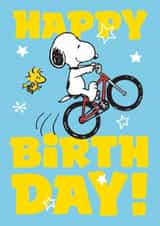 Cute Kids Birthday Card – Snoopy Bicycle Stunt with Woodstock created by Danilo
