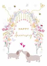 Cute Anniversary Dog Card - Dachshunds under Floral Arch with Lovehearts and Bee created by SABIVO Design by Sabina