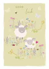 Cute Good Luck Card - Sheep with Clover Leaves - Flowers Bees and Butterflies created by SABIVO Design by Sabina