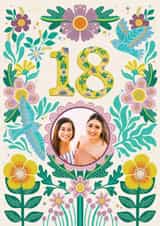 Personalised Birthday Photo Card created by Hollie McManus Illustration - Pretty Birthday Card - 18th - Folky Floral Birds