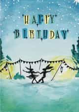 Cute and happy dancing rabbit birthday card for friends and loved ones. created by Lisa Hand Illustration