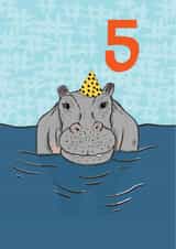Cute 5th Birthday Card - Hippo - Party Hat created by martha and hepsie ltd