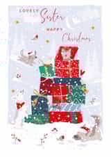 Cute Christmas Card - For Sister - Stack of Presents with Playful Dogs and Robin created by SABIVO Design by Sabina