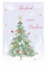 Classic Christmas Tree Card - For Husband - Red Berries Winter Flowers and Robin created by SABIVO Design by Sabina