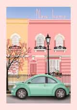Classic New Home Card - Mint Green Car - Colourful Houses - Housewarming created by Suzanne Taktak
