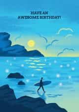Surfer and sunrise birthday card for men - surfing created by Stormy Knight