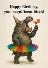 Funny Rude Birthday Card – Hippo in Rainbow Tutu with Cocktail - Adult Humour created by FUNTZ