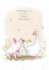 Cute Birthday Card - Piglet And Goose - On Farm created by Paper Shed Design