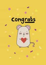 Cute congrats card with pun on rats, illustration with confetti and a heart created by Pomelo Illustrations