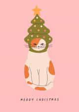 Cute Christmas Card - Grumpy Cat - Festive Tree Hat Cat created by Sad Girl Illustration