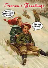 Funny Christmas Card - Vintage Kids Sledding - Shit Happens created by Go La La!