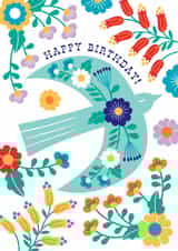 Pretty Birthday Card - Folk Blue Bird - Flowers created by Maggie Magoo Designs