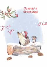 Traditional Christmas Card - Seasons Greetings - Hedgehog And Mouse On log created by Paper Shed Design