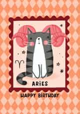 Cute Birthday Card - Aries - The Ram - Cat created by Nicola Watson