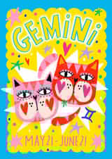 Arty Birthday Card - Gemini - Cats created by NICHOLA COWDERY ILLUSTRATIONS 