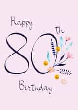 Classic 80th Birthday Card - For Her - Pretty Peach Flowers & Mint Botanicals created by SABIVO Design by Sabina