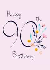 Classic 90th Birthday Card - For Her - Pretty Peach Flowers & Mint Botanicals created by SABIVO Design by Sabina