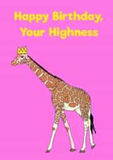 Giraffe loving birthday card - happy birthday your highness. created by Peter Cole Puns