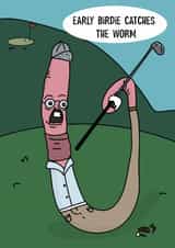 Golf pun card. Cute funny Worm golfer with glove. Birdie pun. Golf club cartoon. created by Blessherlittleartoons by Amy