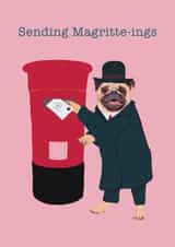 Funny greetings card for friend - pug art pun - just because created by Laura Murray