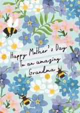 Grandma Mother's day card - Blue floral - Bumble bees - Pretty created by Rebecca Grantham