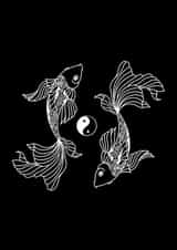 Yin Yang Koi Fish Illustration Card - monochrome - line art - spiritual zen created by Esther Denton
