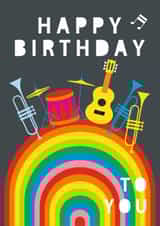 Cute Birthday Card - Musical instruments on a rainbow - Happy Birthday To You created by Claire Giles