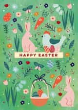Classic Easter Card - Rabbits, Spring Flowers And Easter Eggs created by Eli the Goat