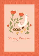Cute Easter card - Mother duck, chicks and eggs in a nest surrounded by flowers created by Lotta Designs