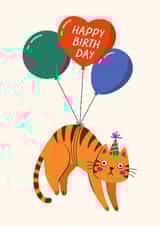 Funny Red Tabby Cat Birthday Card – Scared Cat with Happy Birthday Balloons created by Irini Herzog