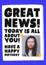 Personalised Birthday Photo Card created by Studio Doodles - Fun Birthday Card - Great News! Today Is All About You! - Newspaper