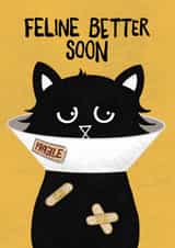 Funny Get Well Soon Card For Friend or Family - Cute Black Cat Cone of Shame created by Baldy And The Fidget