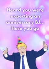 Funny anniversary card featuring Boris Johnson playing on a BJ pun created by Deborah Woodthorpe Illustration