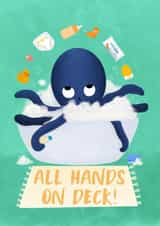 New Baby Card - Octopus juggling baby items in bubble bath - All Hands on Deck! created by @oubergine