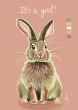 Cute Bunny Birth Card for a Girl. Pink colour palette. created by Lydia Janike