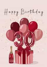 Elegant Cherry Red 30th Birthday Balloons & Champagne Card created by Pretty Unique Gifts 