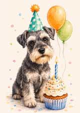 Cute Schnauzer Birthday Card with Cupcake, Balloons and Party Hat Design created by Bethany Brown